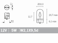 Standlicht- Instrumentenbirne 12V 5Watt Glassockel W2,1x9,5d