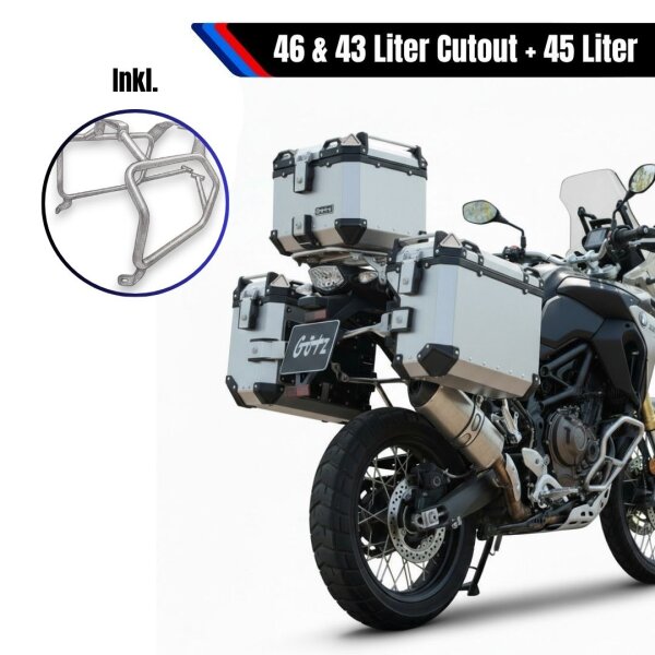 Alukofferset & Träger Silber für BMW G310 R 45 & 2x46L Top & Seitenkoffer Cutout