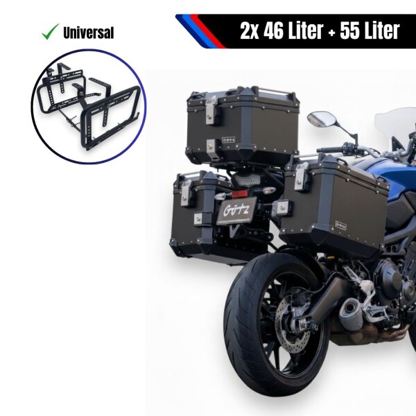 Alukofferset & universal Träger 55L & 46L schwarz Top & Seitenkoffer Motorrad